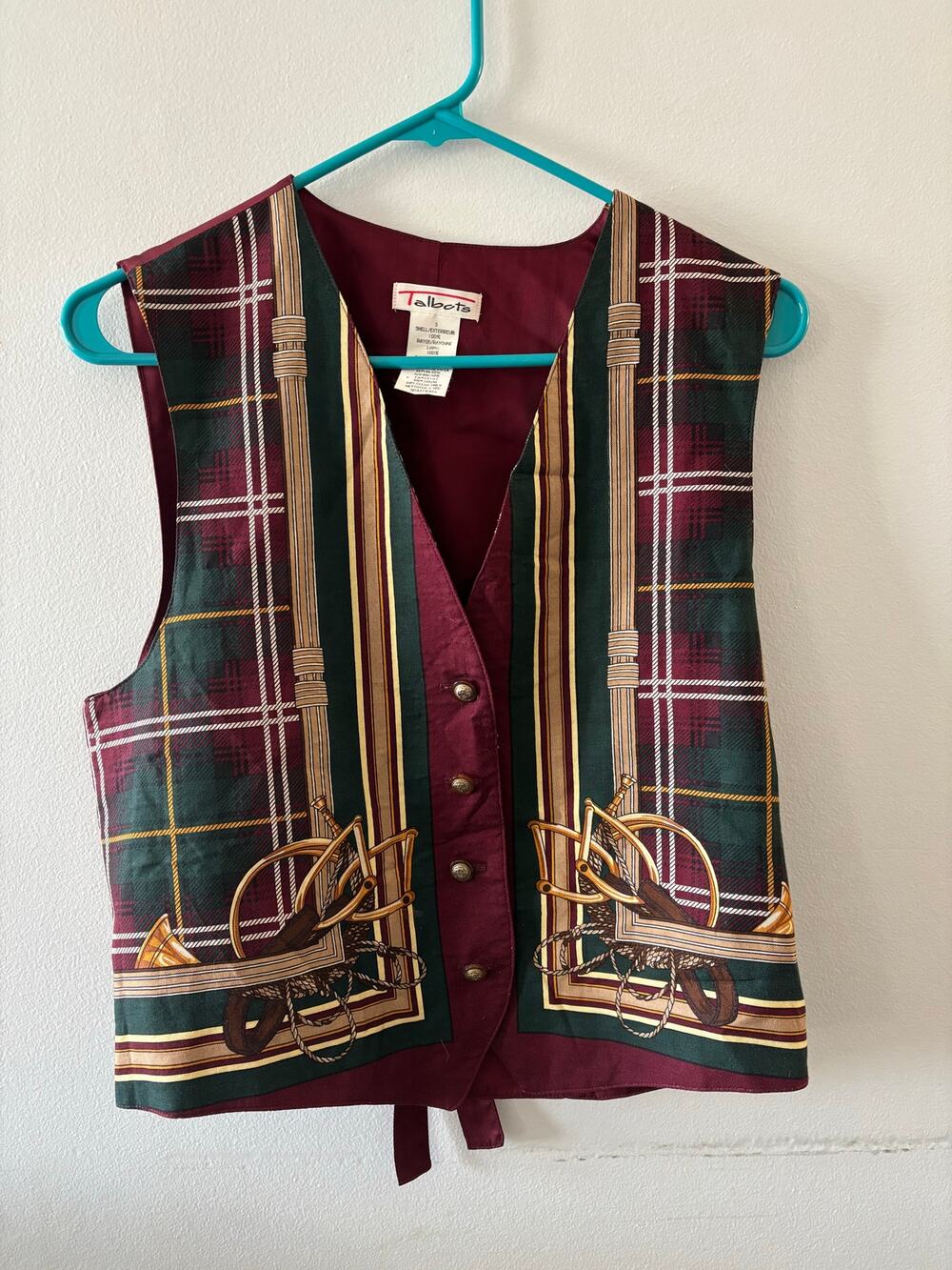 Vintage Talbots Womens Equestrian Vest Small Red Green Plaid 90s 80s Old Money